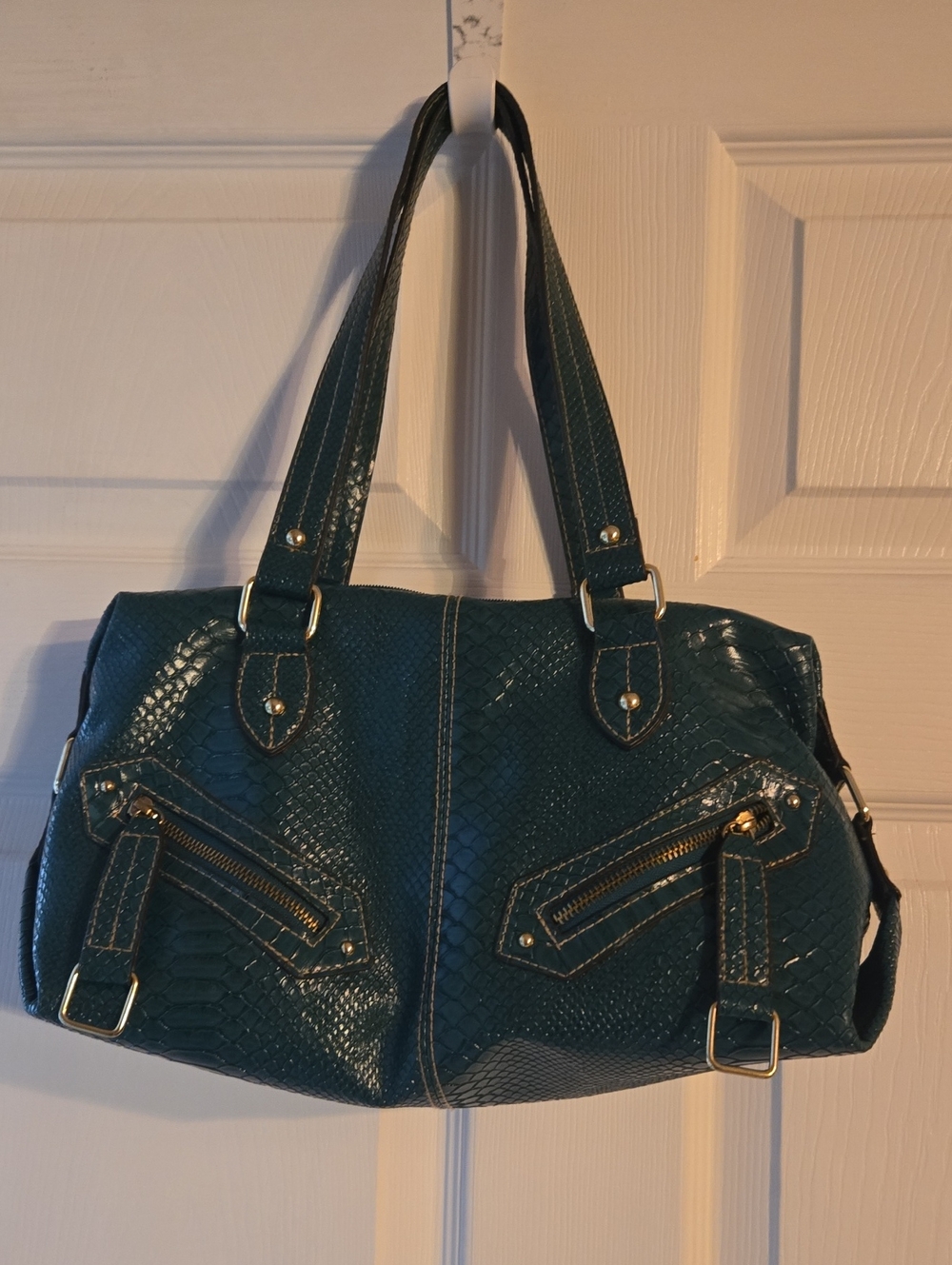Teal Snake-Embossed Shoulder Bag - Stylish Everyday Tote